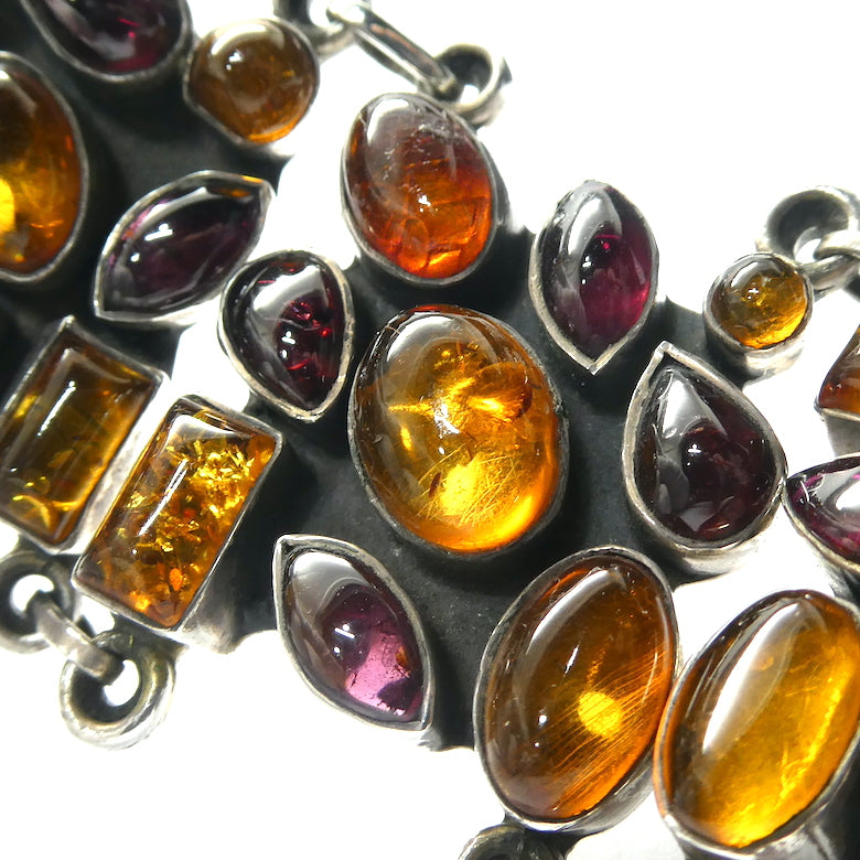 Baltic Amber Bracelet | Five Chunky Panels studded with Amber and Garnet  | Bezel set | Oxidised Border | Mediaeval or Gothic Look | Genuine Gems from Crystal heart Melbourne Australia since 1986