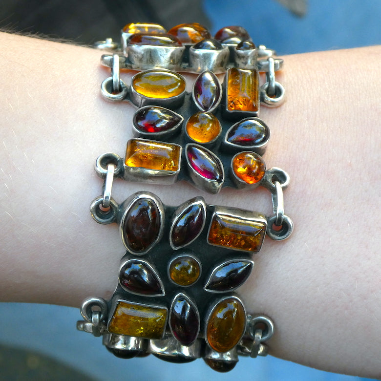 Baltic Amber Bracelet | Five Chunky Panels studded with Amber and Garnet  | Bezel set | Oxidised Border | Mediaeval or Gothic Look | Genuine Gems from Crystal heart Melbourne Australia since 1986