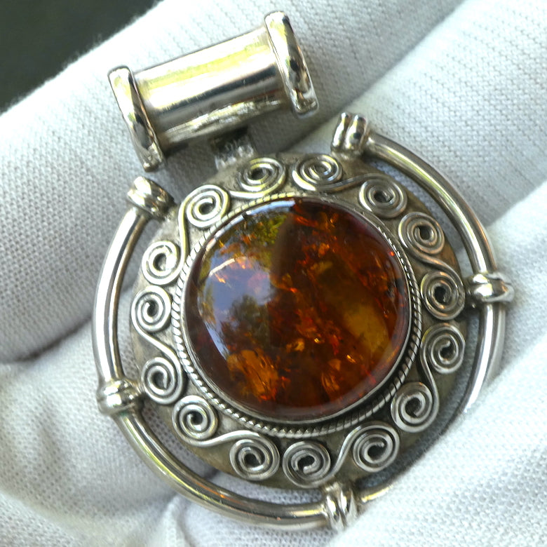 Amber Pendant | Large Round Cabochon  |  Sterling Silver Disc |  Celtic Scroll and Rope Work | Genuine Gems from Crystal heart Melbourne Australia since 1986