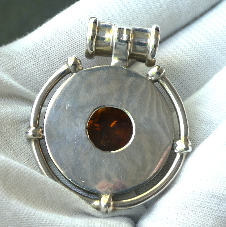 Amber Pendant | Large Round Cabochon  |  Sterling Silver Disc |  Celtic Scroll and Rope Work | Genuine Gems from Crystal heart Melbourne Australia since 1986