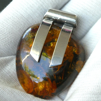 Amber Pendant | Large Freeform Cabochon  | Elegant Modern Setting | 925 Sterling Silver | Genuine Gems from Crystal heart Melbourne Australia since 1986