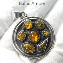 Load image into Gallery viewer, Amber Pendant | Seven Dark Amber Cabochons  | Heavy Sterling Silver Disc |  Oxidised | Mediaeval or Gothic Look | Genuine Gems from Crystal heart Melbourne Australia since 1986