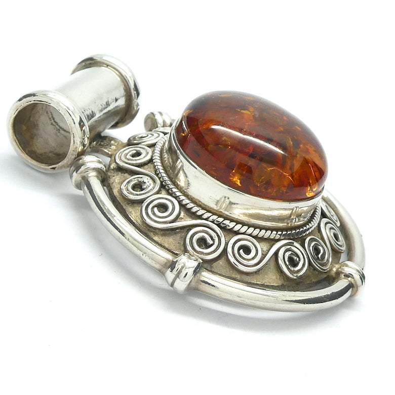 Amber Pendant | Large Round Cabochon  |  Sterling Silver Disc |  Celtic Scroll and Rope Work | Genuine Gems from Crystal heart Melbourne Australia since 1986