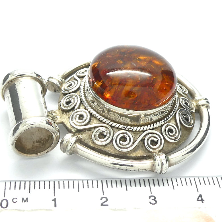 Amber Pendant | Large Round Cabochon  |  Sterling Silver Disc |  Celtic Scroll and Rope Work | Genuine Gems from Crystal heart Melbourne Australia since 1986