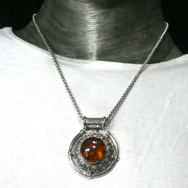 Amber Pendant | Large Round Cabochon  |  Sterling Silver Disc |  Celtic Scroll and Rope Work | Genuine Gems from Crystal heart Melbourne Australia since 1986