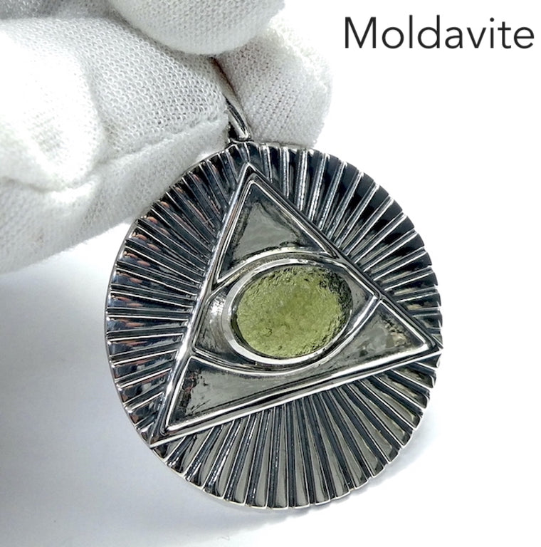 Moldavite Pendant, Raw Nugget, Solar Pyramid Disc, 925 Sterling Silver