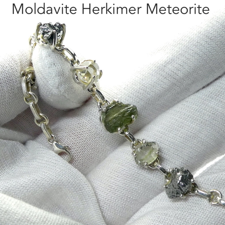 Moldavite, Herkimer Diamond and Meteorite Bracelet, 925 Silver, r1