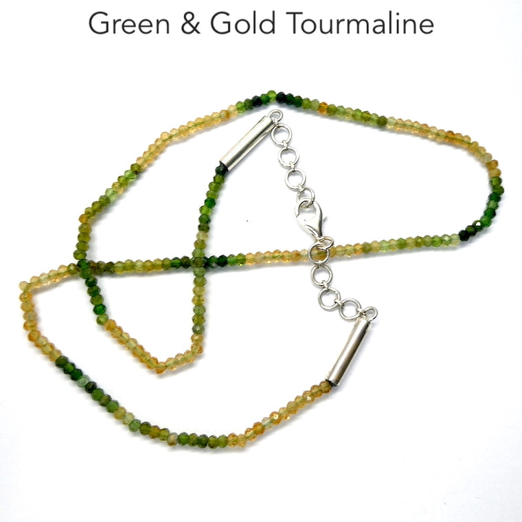 Tourmaline Necklace, Green and Gold Faceted Button Beads, 925 Sterling Silver