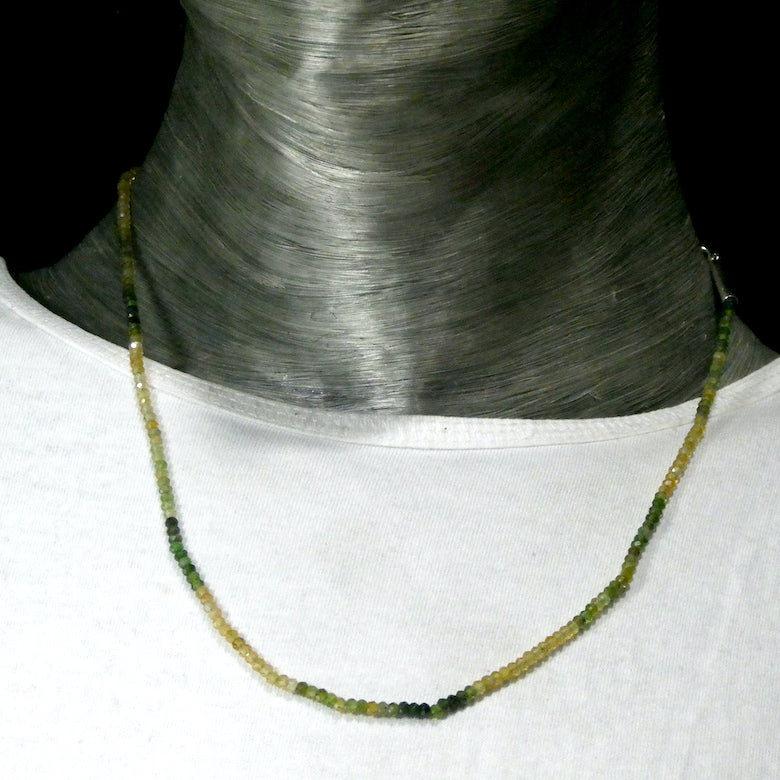 Tourmaline Necklace, Green and Gold Faceted Button Beads, 925 Sterling Silver