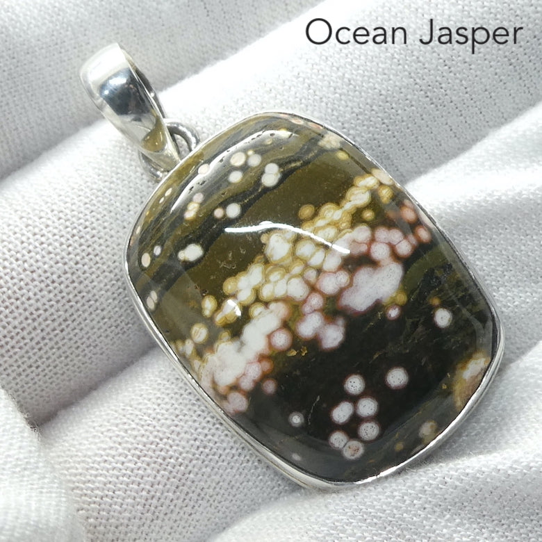 Ocean Jasper Pendant, Oblong Cabochon | 925 Sterling Silver | Emotional  and Physical Healing | Stimulate Creativity | Genuine Gems from Crystal Heart Melbourne Australia since 1986