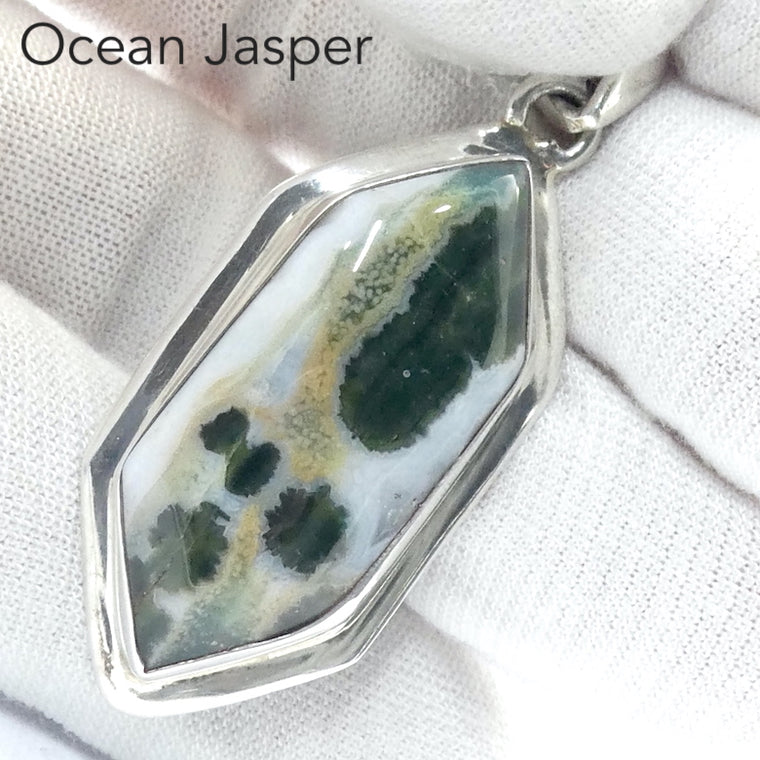 Ocean Jasper Pendant, Hexagonal Cabochon, 925 Sterling Silver