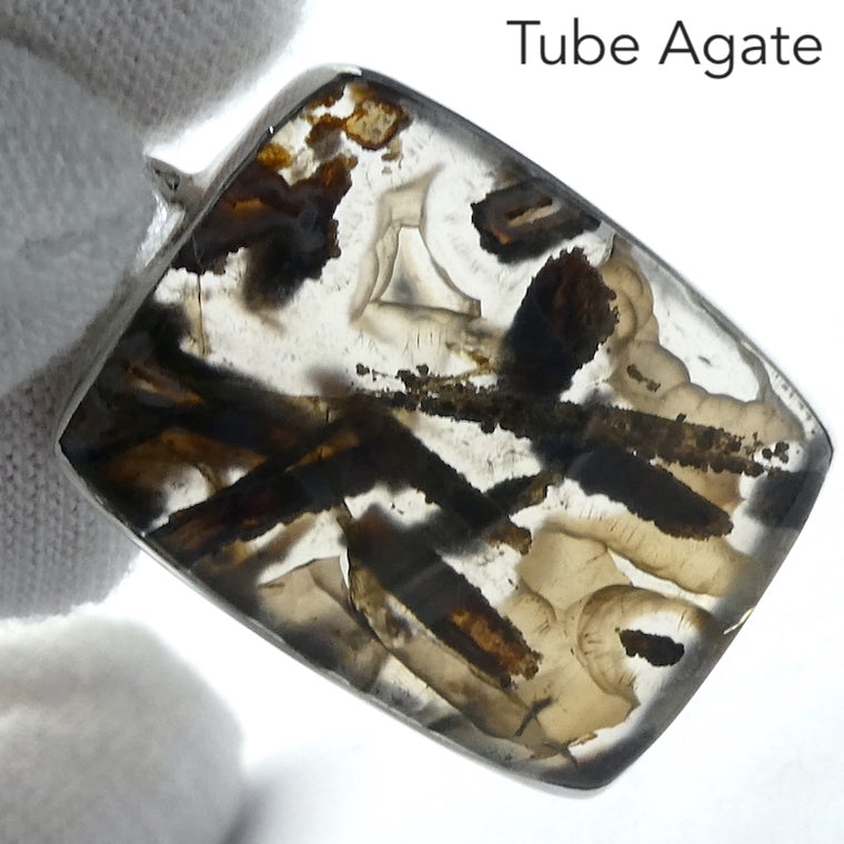 Tube Agate Pendant, Oblong Cabochon, 925 Sterling Silver