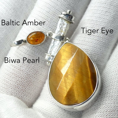Tiger Eye Pendant | Facetd Teardrop | Baltic Amber | Biwa Pearl | Good Chatoyancy |  Cabochon | 925 Sterling Silver | Bezel Set | Stimulate Mental & Emotional focus | study | Sports | Mind Body Integration | Health | Genuine Gems from Crystal Heart since 1986