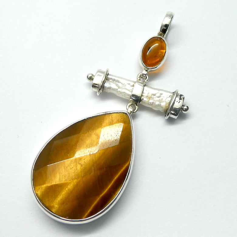 Tiger Eye Pendant | Facetd Teardrop | Baltic Amber | Biwa Pearl | Good Chatoyancy |  Cabochon | 925 Sterling Silver | Bezel Set | Stimulate Mental & Emotional focus | study | Sports | Mind Body Integration | Health | Genuine Gems from Crystal Heart since 1986