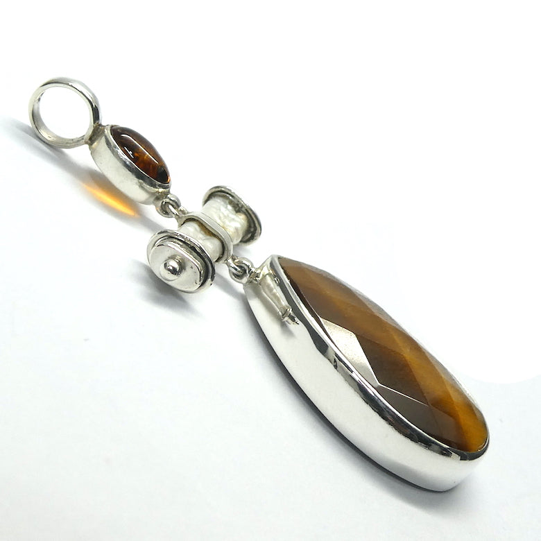 Tiger Eye Pendant | Facetd Teardrop | Baltic Amber | Biwa Pearl | Good Chatoyancy |  Cabochon | 925 Sterling Silver | Bezel Set | Stimulate Mental & Emotional focus | study | Sports | Mind Body Integration | Health | Genuine Gems from Crystal Heart since 1986