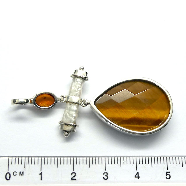 Tiger Eye Pendant | Facetd Teardrop | Baltic Amber | Biwa Pearl | Good Chatoyancy |  Cabochon | 925 Sterling Silver | Bezel Set | Stimulate Mental & Emotional focus | study | Sports | Mind Body Integration | Health | Genuine Gems from Crystal Heart since 1986