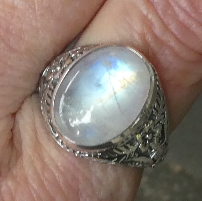 Ring Rainbow Moonstone Ring | OvalCabochon | Blue Gold Turquoise Flash | 925 Sterling Silver | Bezel Set |  Heavy Signet Style | open Back | US Size 10 | AUS Size T1/2 | Cancer Libra Scorpio | Genuine Gems from Crystal Heart Melbourne Australia since 1986