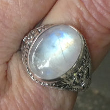 Load image into Gallery viewer, Ring Rainbow Moonstone Ring | OvalCabochon | Blue Gold Turquoise Flash | 925 Sterling Silver | Bezel Set |  Heavy Signet Style | open Back | US Size 10 | AUS Size T1/2 | Cancer Libra Scorpio | Genuine Gems from Crystal Heart Melbourne Australia since 1986
