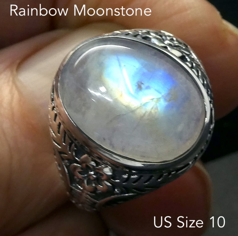Moonstone Ring, Cabochon Oval, Large size, 925 Sterling Silver