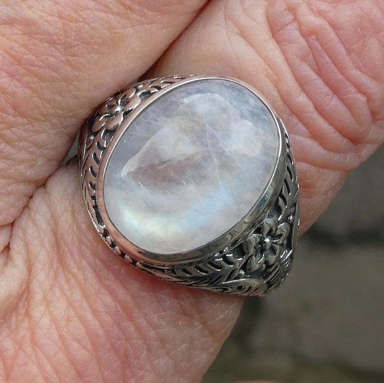 Ring Rainbow Moonstone Ring | OvalCabochon | Blue Gold Turquoise Flash | 925 Sterling Silver | Bezel Set |  Heavy Signet Style | open Back | US Size 10 | AUS Size T1/2 | Cancer Libra Scorpio | Genuine Gems from Crystal Heart Melbourne Australia since 1986
