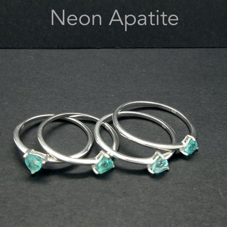 Apatite Ring, Neon Blue, Faceted Trilliant Solitaire, 925 Sterling Silver