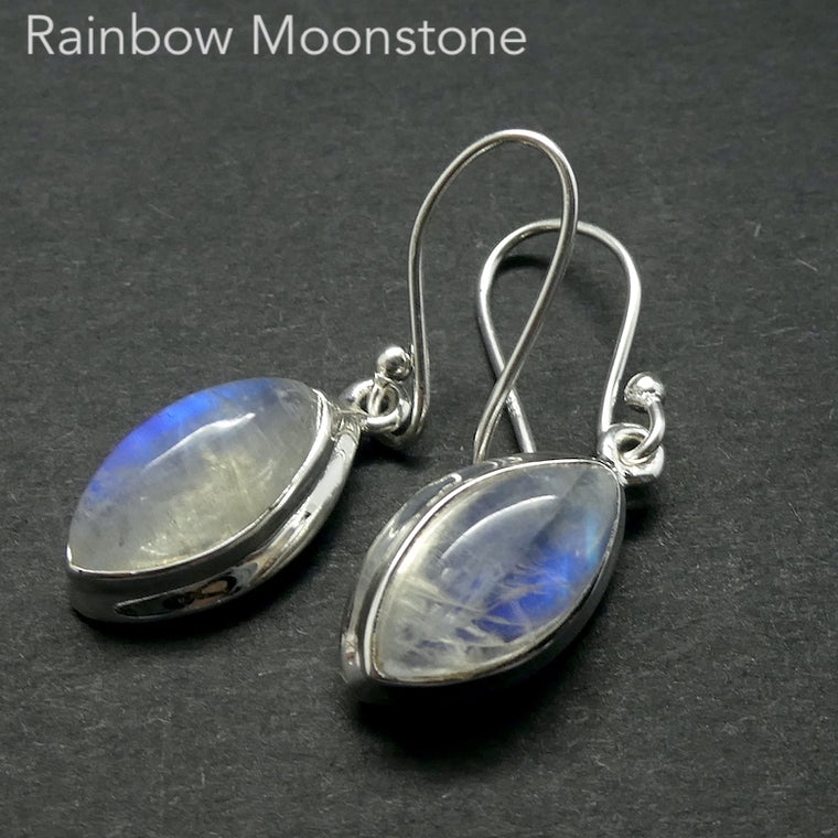 Moonstone Earrings, Cabochon Marquis, 925 Sterling Silver