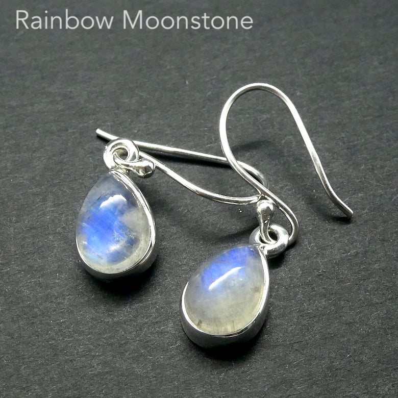 Natural Rainbow Moonstone Earrings | Dainty Teardrop Cabochons | Good Transparency with Blue Flashes | 925 Sterling Silver |  Cancer Libra Scorpio Stone | Genuine Gems from Crystal Heart Melbourne Australia 1986