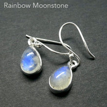 Load image into Gallery viewer, Natural Rainbow Moonstone Earrings | Dainty Teardrop Cabochons | Good Transparency with Blue Flashes | 925 Sterling Silver |  Cancer Libra Scorpio Stone | Genuine Gems from Crystal Heart Melbourne Australia 1986