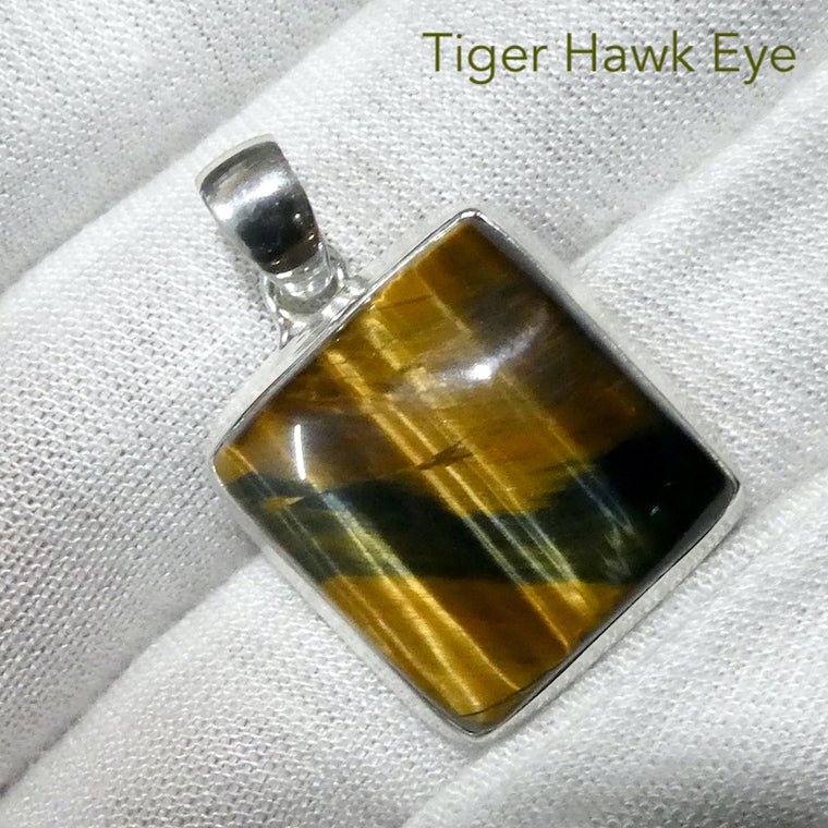 Tiger and Hawk Eye Pendant, Square Cabochon, 925 Silver