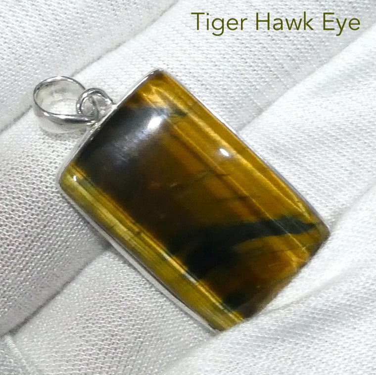Tiger Hawk Eye Pendant, Oblong Cabochon, 925 Silver