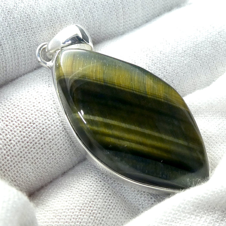 Tiger Hawk Eye Pendant, Marquis Cabochon, 925 Silver