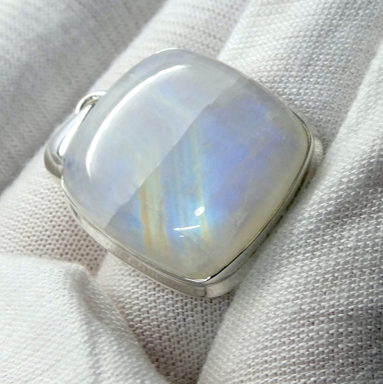 Natural Rainbow Moonstone Pendant | Square Cabochon | 925 Sterling Silver | Bezel Set | Open Back | Strong Blue Flash | Golden Path | Emotional Liberation | Genuine Gems from Crystal Heart Melbourne Australia 1986