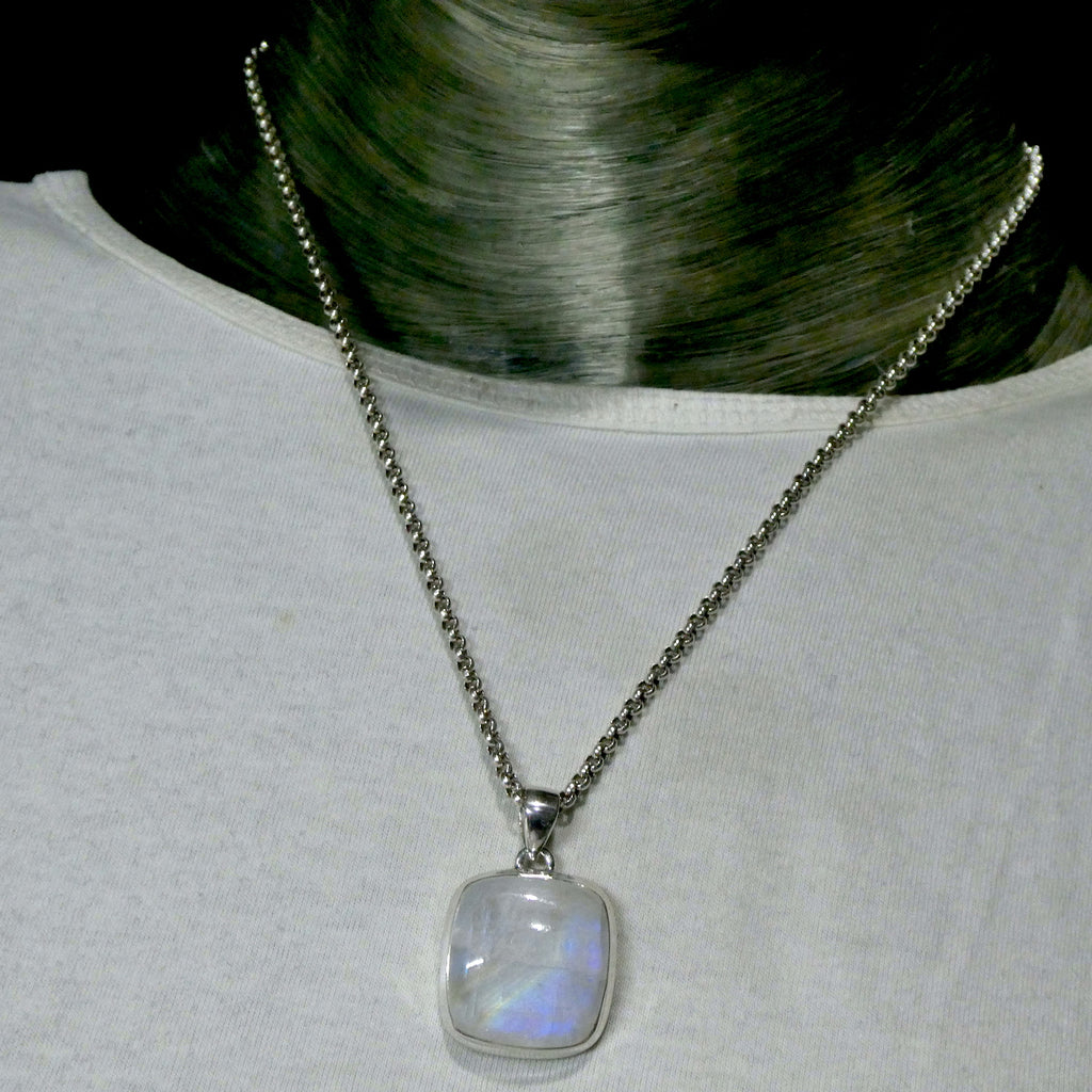 Natural Rainbow Moonstone Pendant | Square Cabochon | 925 Sterling Silver | Bezel Set | Open Back | Strong Blue Flash | Golden Path | Emotional Liberation | Genuine Gems from Crystal Heart Melbourne Australia 1986