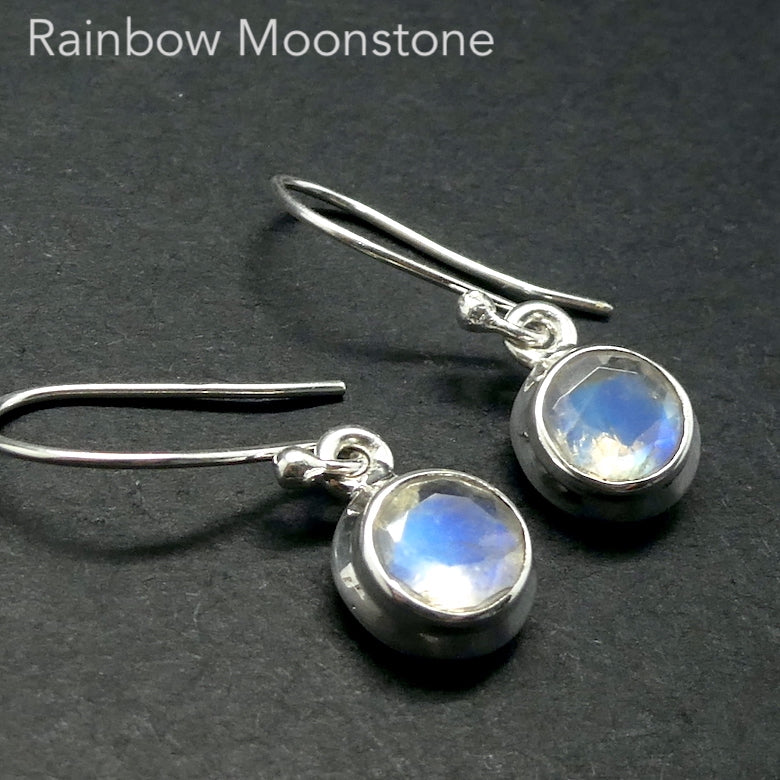 Natural Rainbow Moonstone Earrings | Dainty Round Faceted Gemstones | Super Quality | Transparency with Blue Flashes | 925 Sterling Silver |  Cancer Libra Scorpio Stone | Genuine Gems from Crystal Heart Melbourne Australia 1986