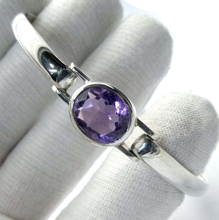 Amethyst Bracelet Bangle, Faceted Oval Gemstone, 925 Sterling Silver