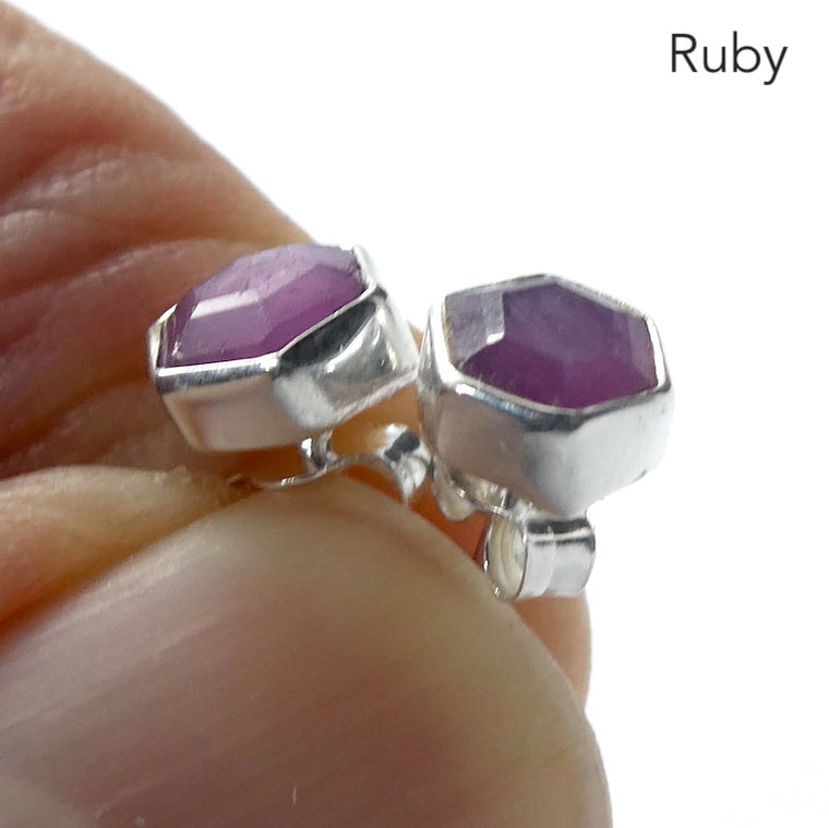 Ruby Studs, Hexagonal Slices, 925 Sterling Silver