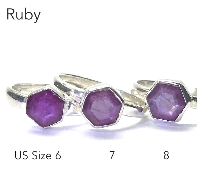Ruby Rings, Hexagonal Slices, 925 Sterling Silver