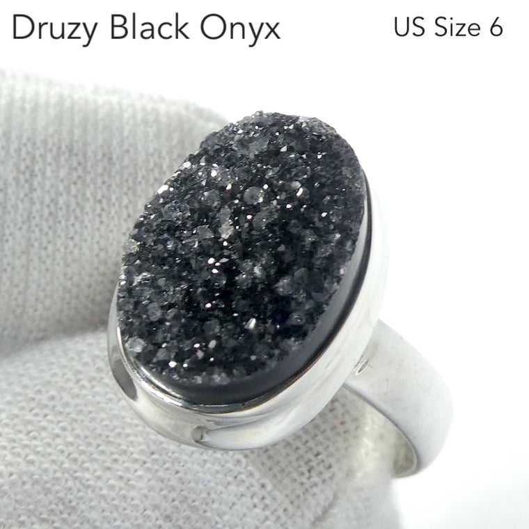 Druzy Black Onyx Ring, Oval, 925 Sterling Silver