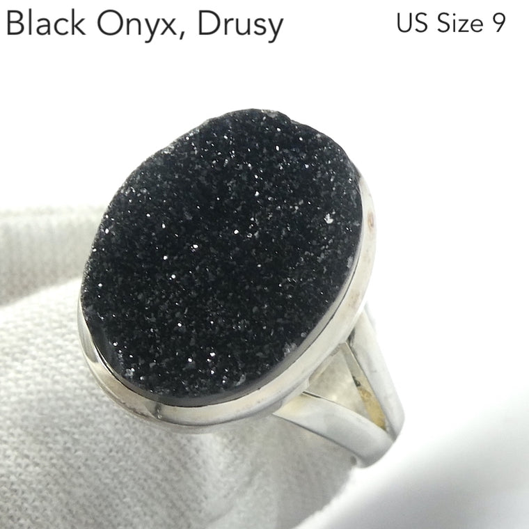 Druzy Black Onyx Ring, Oval, 925 Sterling Silver