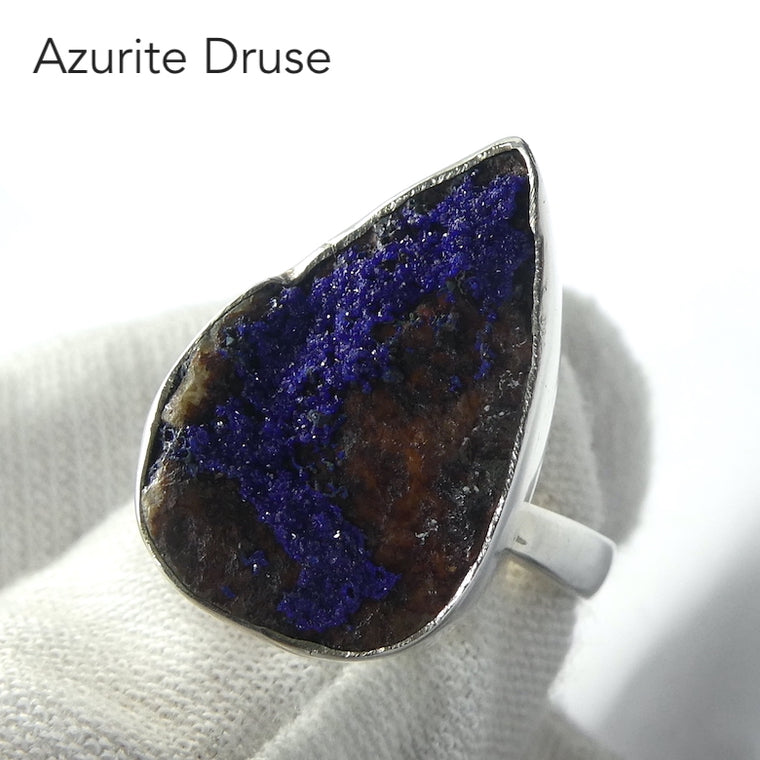 Azurite Ring, Drusy Crystal Teardrop, 925 Sterling Silver