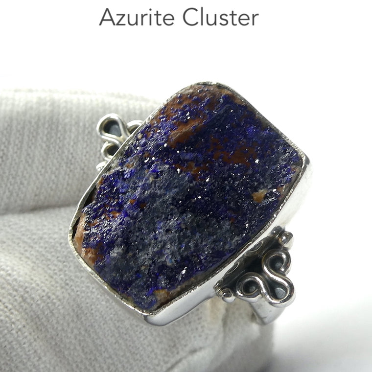 Azurite Ring, Raw Drusy Crystal Oblong, 925 Sterling Silver
