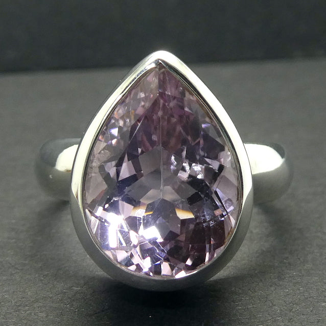 Kunzite Ring |  Faceted Oblong | Flawless Brilliant Clear Stone | 925 Sterling Silver |  Deep Bezel Setting with cushioned walls | US Size 9.5 | EU or AU Size S1/2  | Wisdom of the Heart | Inspire Love with Clarity | Taurus Scorpio Leo | Genuine Gemstones from Crystal heart Melbourne Australia since 1986