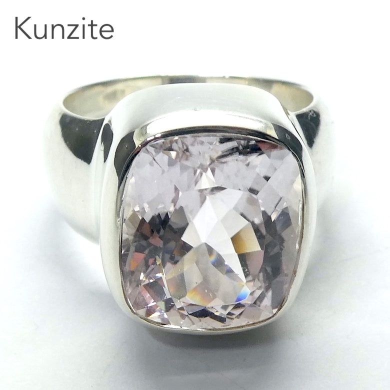 Kunzite Ring |  Faceted Oblong | Flawless Brilliant Clear Stone | 925 Sterling Silver |  Deep Bezel Setting with cushioned walls | US Size 8.5 | EU  or AU Size Q1/2  | Wisdom of the Heart | Inspire Love with Clarity | Taurus Scorpio Leo | Genuine Gemstones from Crystal heart Melbourne Australia since 1986
