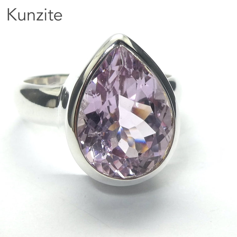 Kunzite Ring, Faceted Teardrop, AAA Grade, 925 Sterling Silver