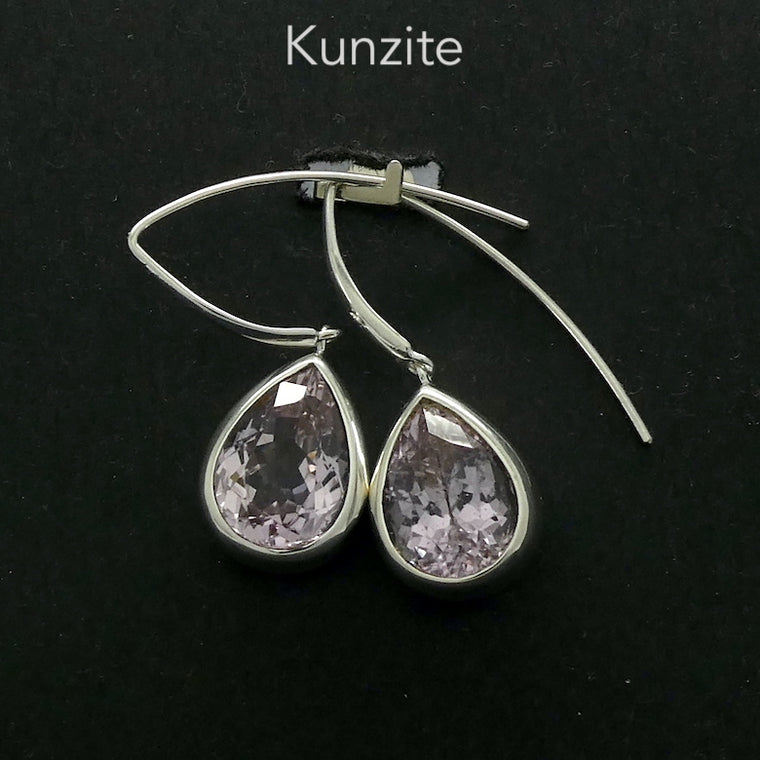 Kunzite Earrings, Faceted Teardrops, 925 Sterling Silver
