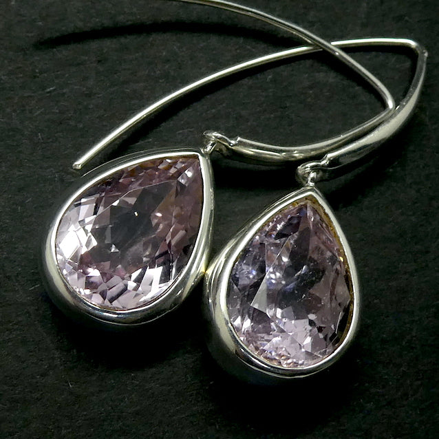 Kunzite Earrings | Faceted Teardrop | Brilliant Light | Clear Stone with minor inclusions | 925 Sterling Silver |  Deep Bezel Setting with cushioned walls | Wisdom of the Heart | Inspire Love with Clarity | Taurus Scorpio Leo | Genuine Gems from Crystal heart Melbourne Australia since 1986