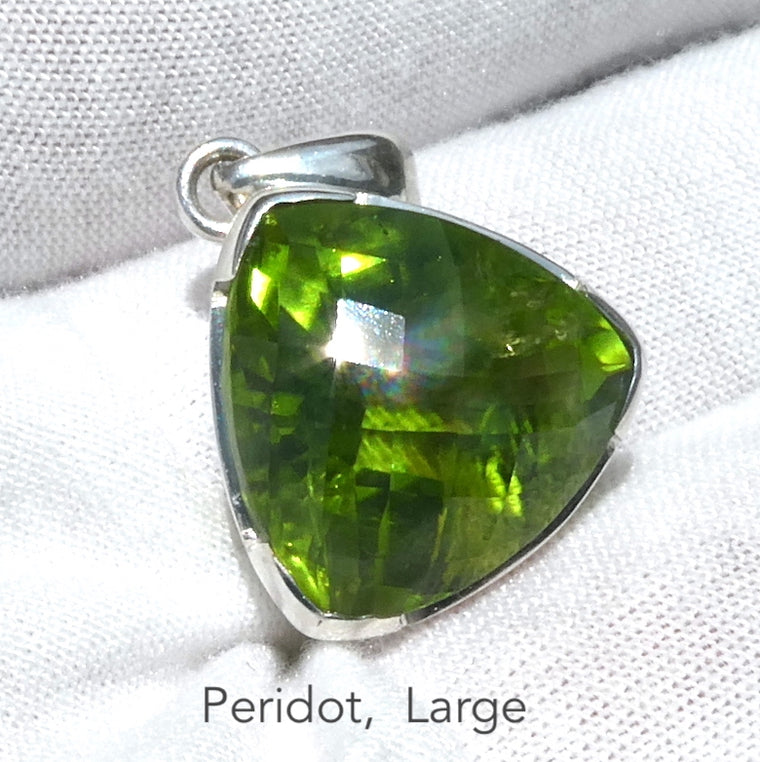 Peridot Pendant, Large Faceted Trilliant, 925 Sterling Silver