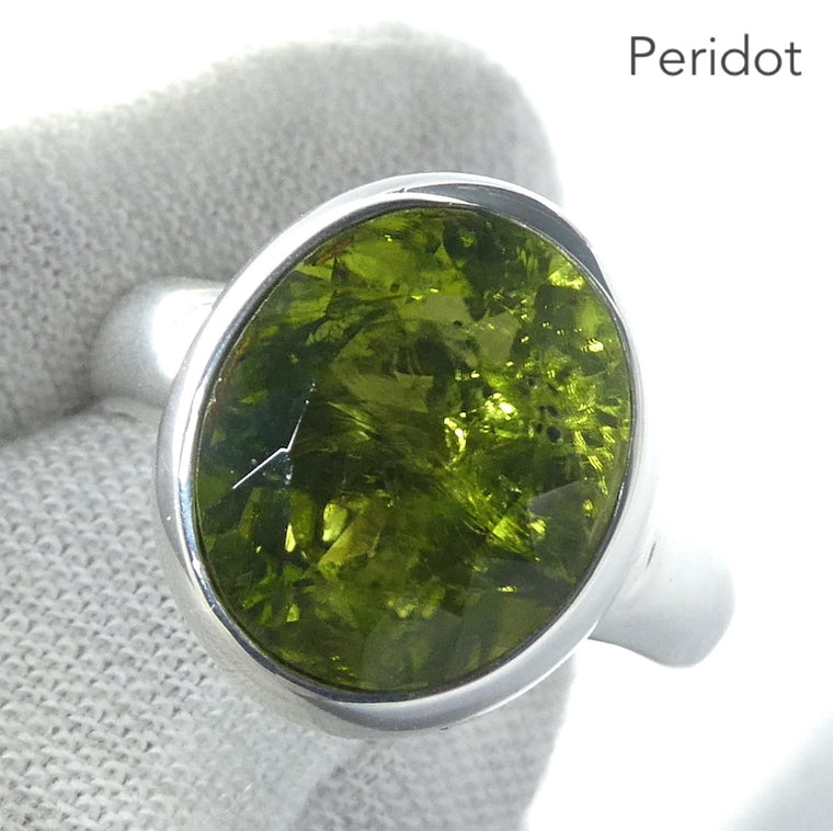 Peridot Ring, Large Faceted Oval, Size 7.25, Fine Sterling Silver