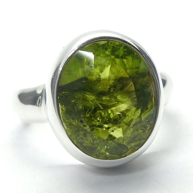 Peridot Ring | Large Faceted Oval | A Grade | 925 Sterling Silver | US Size 7.25 | AUS Size O | Quality Setting | open back | Leo Stone | Genuine Gemstones from Crystal Heart Melbourne Australia since 1986
