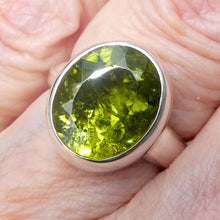 Load image into Gallery viewer, Peridot Ring | Large Faceted Oval | A Grade | 925 Sterling Silver | US Size 7.25 | AUS Size O | Quality Setting | open back | Leo Stone | Genuine Gemstones from Crystal Heart Melbourne Australia since 1986